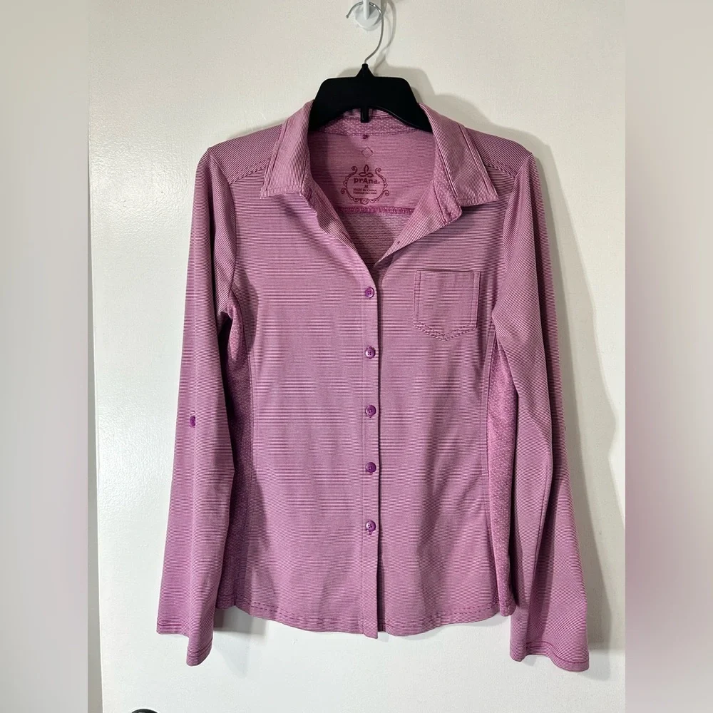 Prana Kinley in Vivid Viola Pinstripe Outdoor Shirt Top Long Sleeve Stretch Sz M - Picture 3 of 14